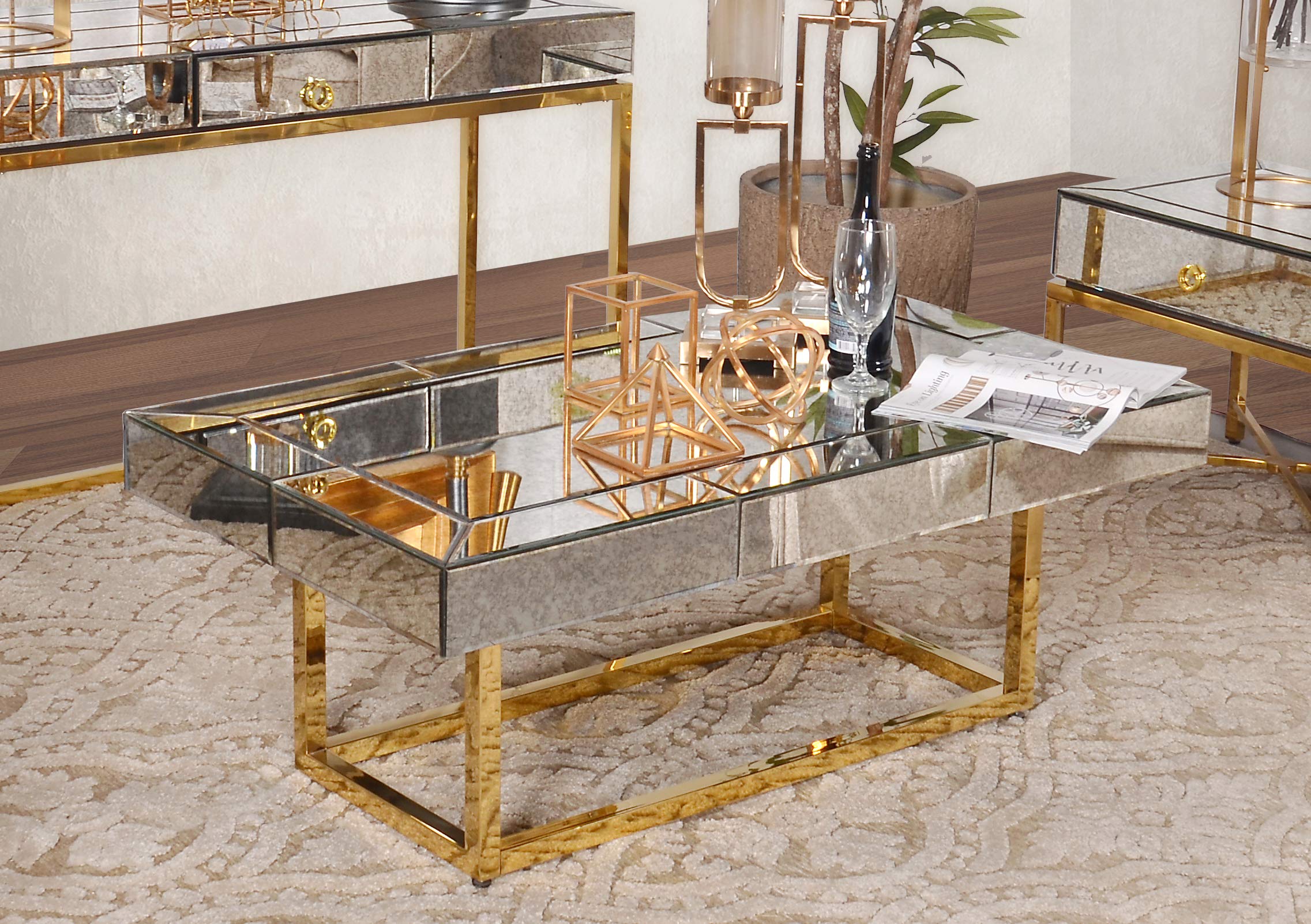 Afd Home Hollywood Glam Gold Trim Contemporary Side Mirrored End Table Coffee Table